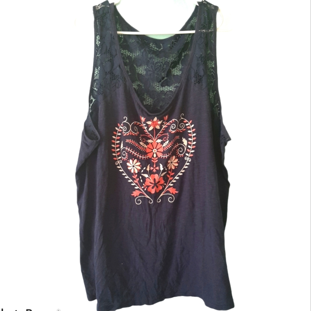 Torrid navy tank with lace on shoulders and back